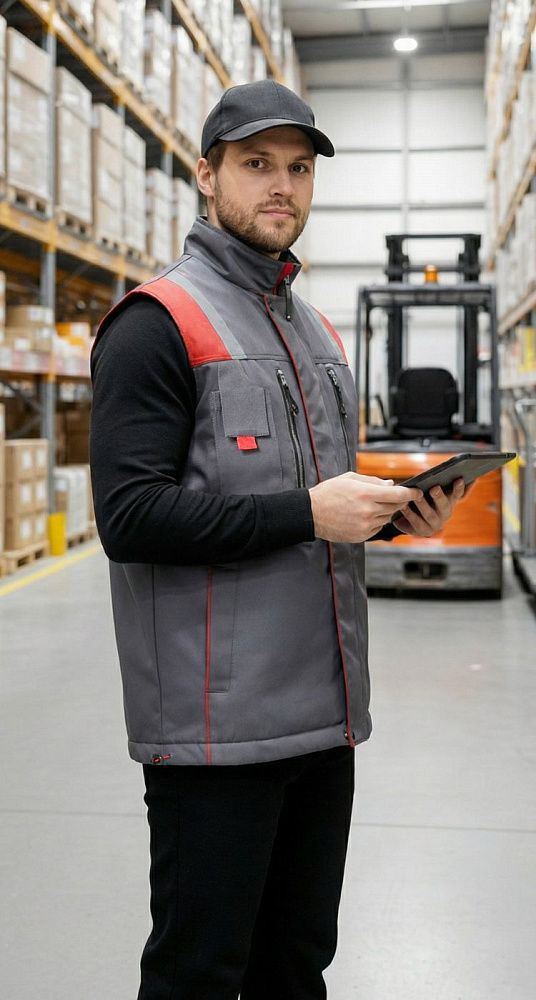 Жилет мужской утепленный рабочий Авангард серый-красный